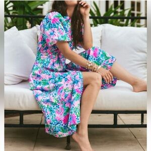 Lilly Pulitzer Blue Midi Sundress with Puff Sleeves Size 6